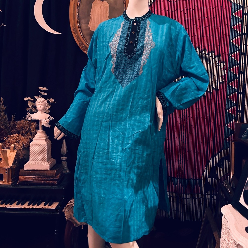 Vintage Men’s Electric Blue Panjabi Kurta Top sz 40/Med